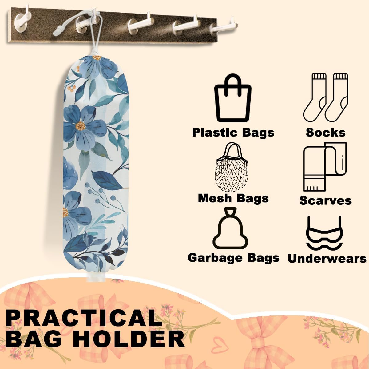 Watercolor Blue Flower Plastic Bag Holder, Wall Mount Grocery Bag Holder for Plastic Bags