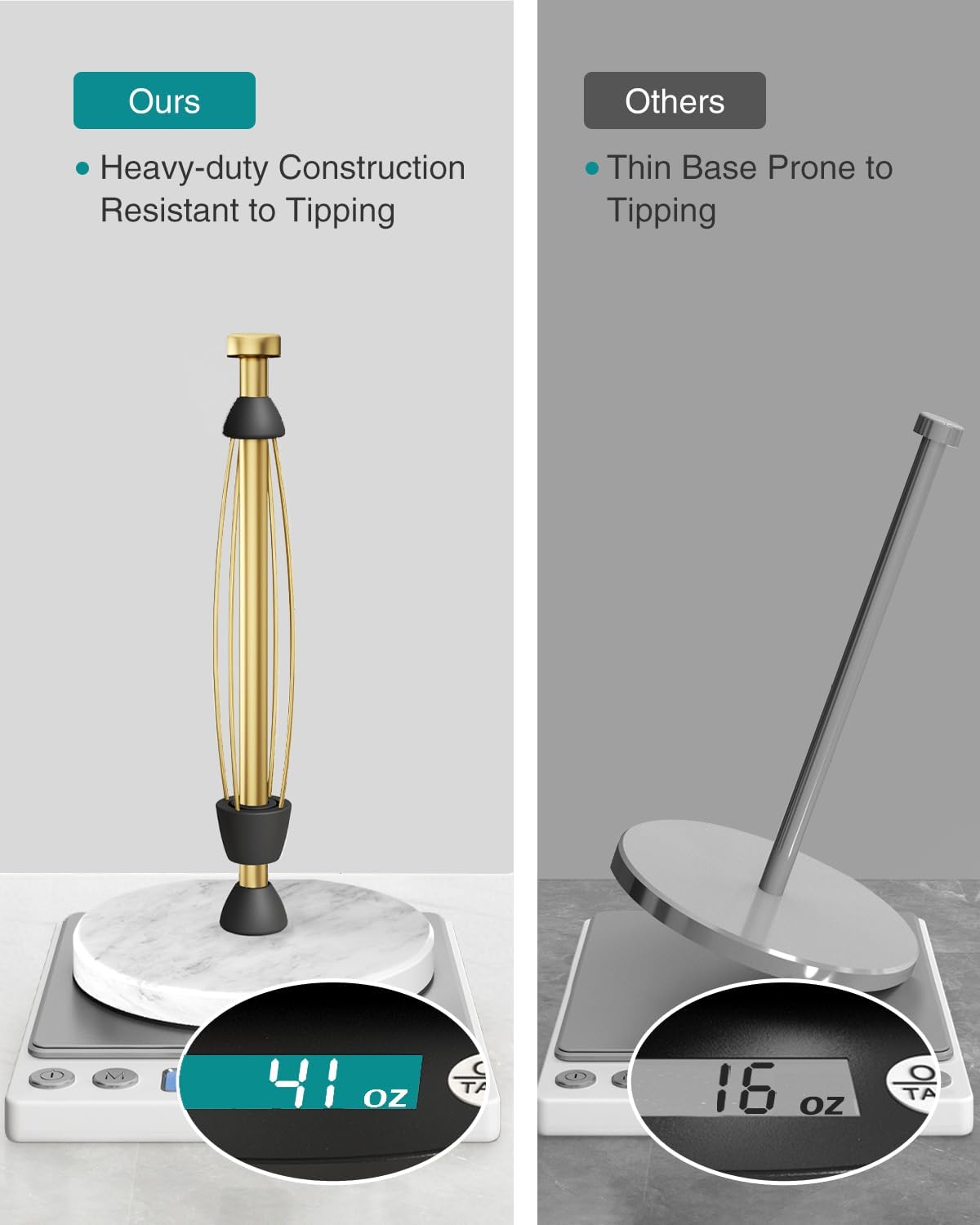Paper Towel Holder Countertop, Marble Weighted Base, Warm Gold, One-Handed Tear