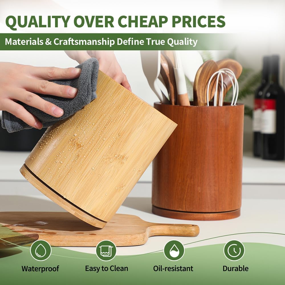 Wooden Utensil Holder, 360°Rotating 7.3'' Large Utensil Holder for Kitchen Counter