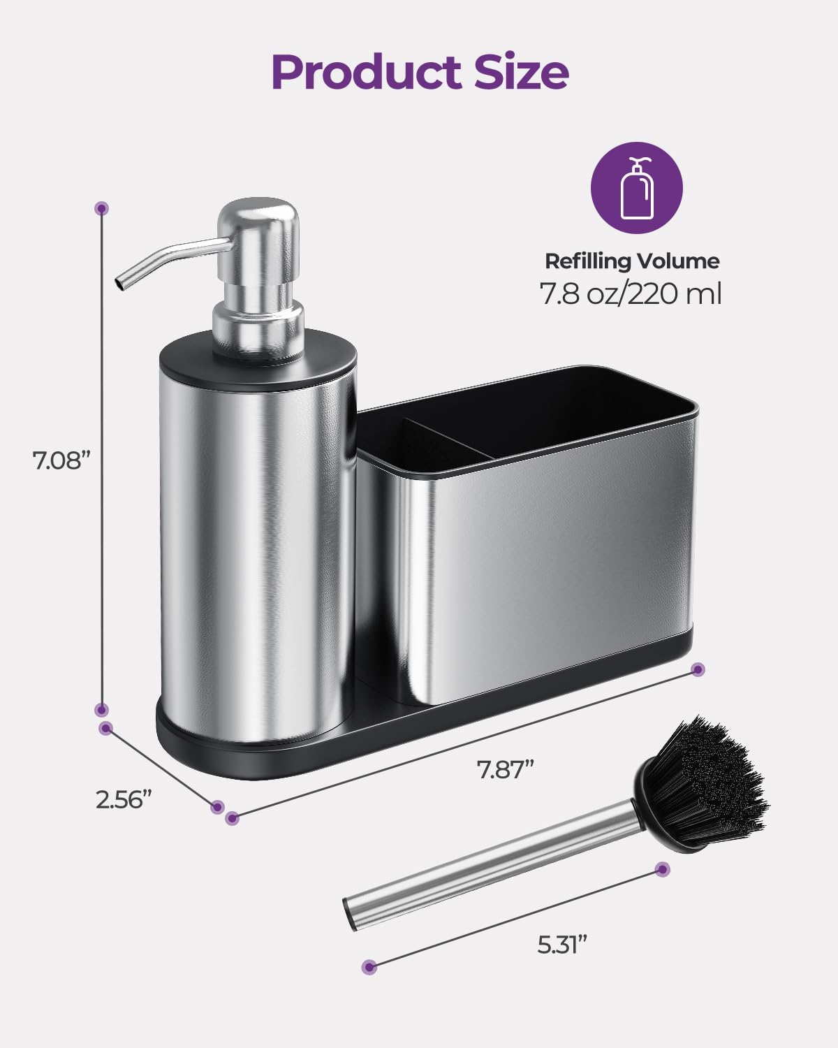Kitchen Soap Dispenser Set - 3 in 1, Stainless Steel Dish Soap Dispenser with Sponge Holder