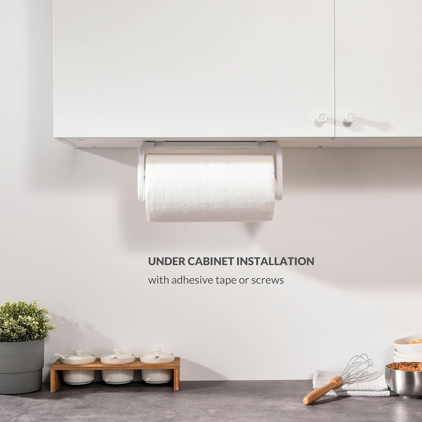 Paper Towel Holder Under Cabinet or Wall Mount ONE Hand Operation Tension Arm Kitchen Roll Holder (White, for 24-28cm/9.4-11inches roll)
