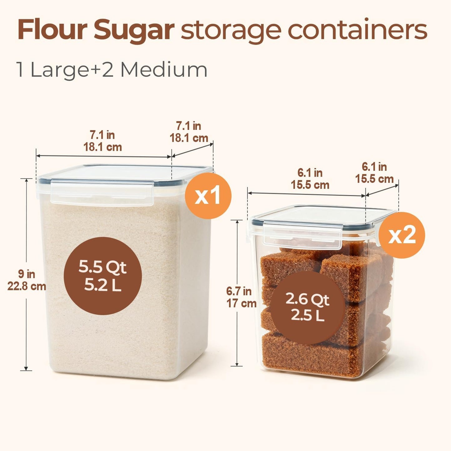 Flour Sugar Storage Containers Set of 3 (5.2L/5.5Qt) (2.5L/2.6Qt*2)