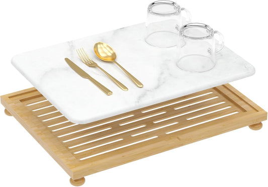 Stone Drying Mat for Kitchen Counter, Dish Drying Pad with Bamboo Rack