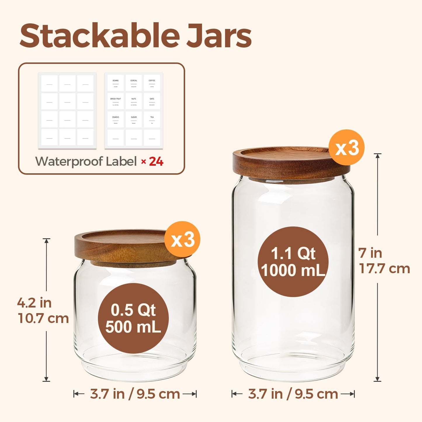 6PCS (1.1Qt/0.5Qt) Glass Pantry Storage Container with Acacia Wood Lid