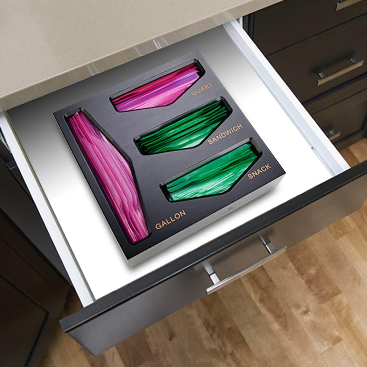Bamboo Bag Storage Organizer for Kitchen Drawer, Baggie organizer, Compatible with Gallon, Quart