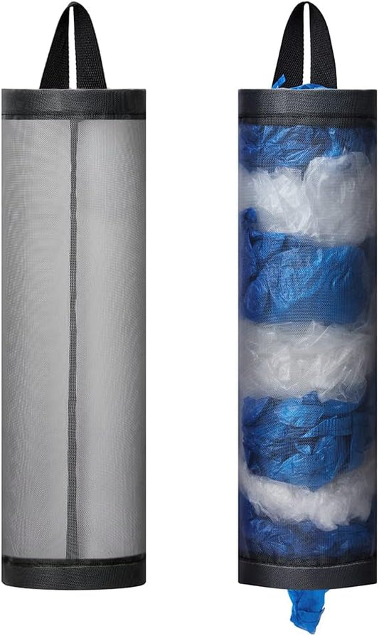 Bag Holder for Plastic Bags, 2 Pcs Polyester Grocery Bag Holder Plastic Dispenser Foldable Breathable Washable Hanging Mesh Garbage Bag Organizer for Kitchen Plastic Bag Storage (Gray)