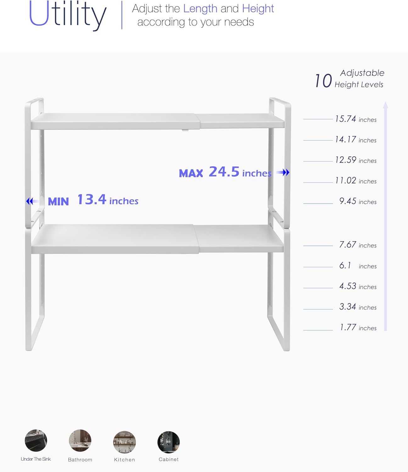 2Pack Cabinet Shelf Organizer Expandable 5 Heights Adjustable Stackable Rack Riser for Kitchen Pantry Cupboard Under Sink Organization Storage Space Saver Heavy Duty Metal White