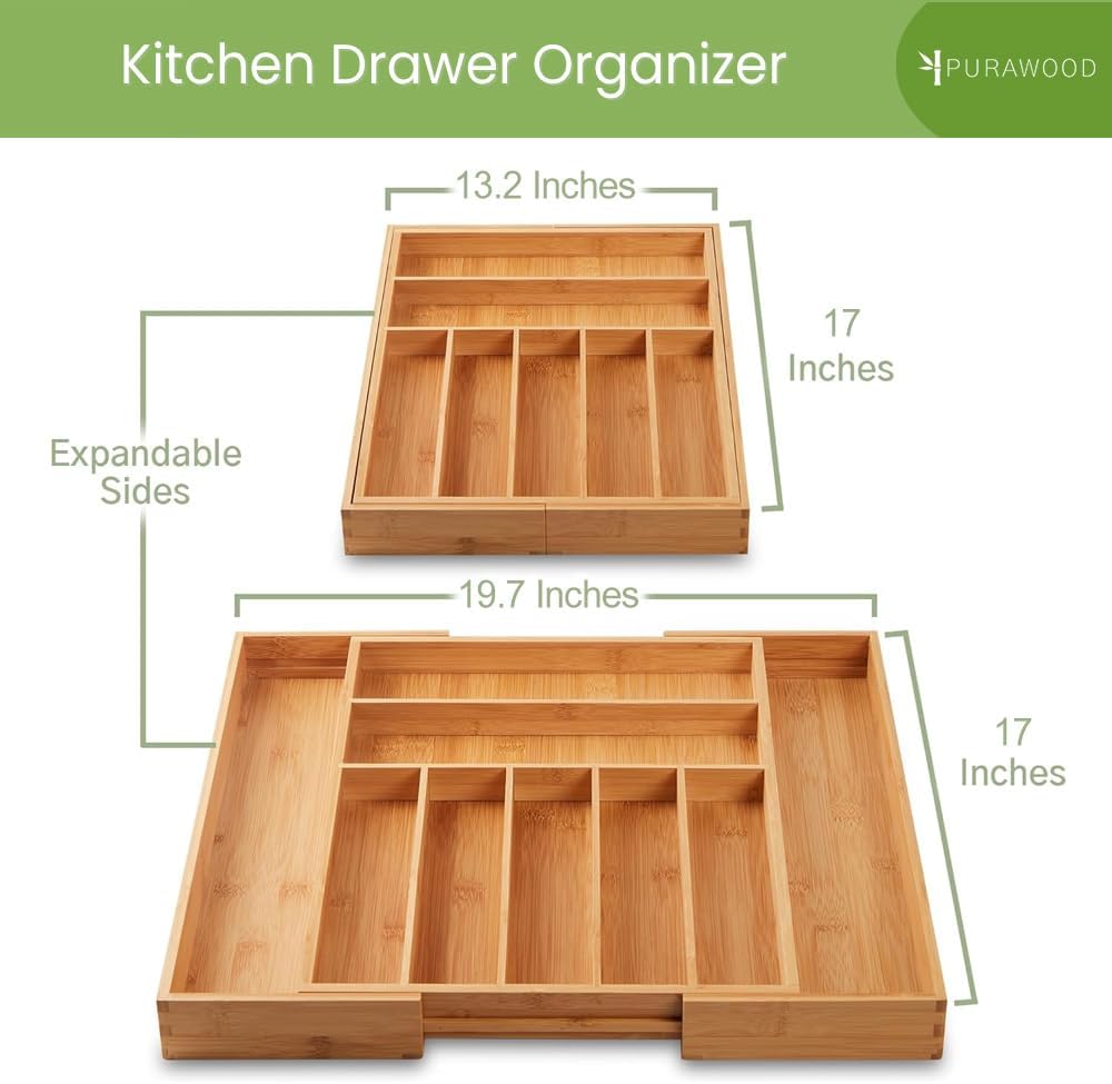 Bamboo Drawer Organizer - Expandable Silverware Organizer & Utensil Drawer Organizer