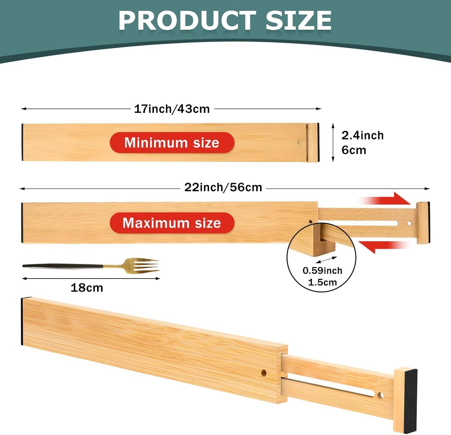 Kitchen Drawer Dividers 4 Pack, Adjustable Bamboo Drawer Organizer