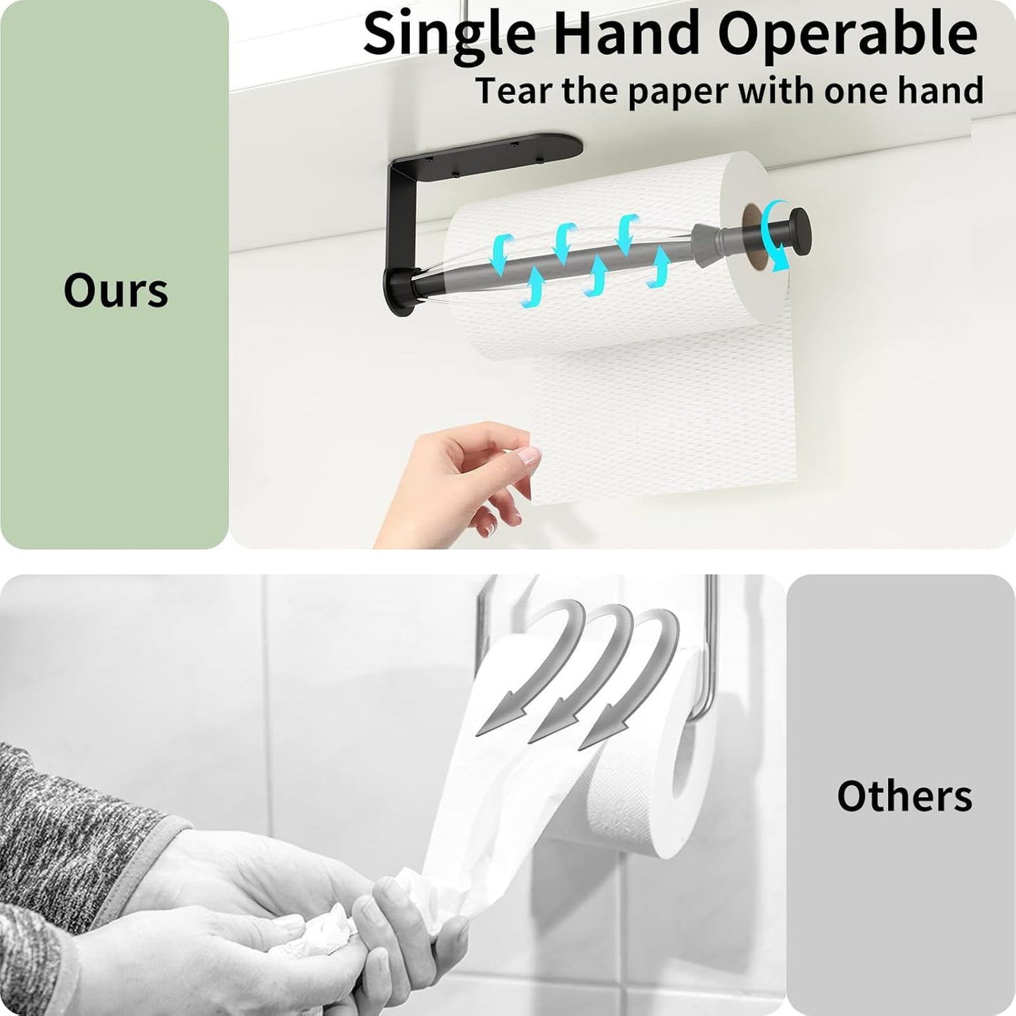 Paper Towel Holder Under Cabinet, Single Hand Operable Wall Mount Paper Towel Holder with Damping Effect, Bend-Resistant, Self-Adhesive or Drill Mounting for Kitchen Bathroom, Black