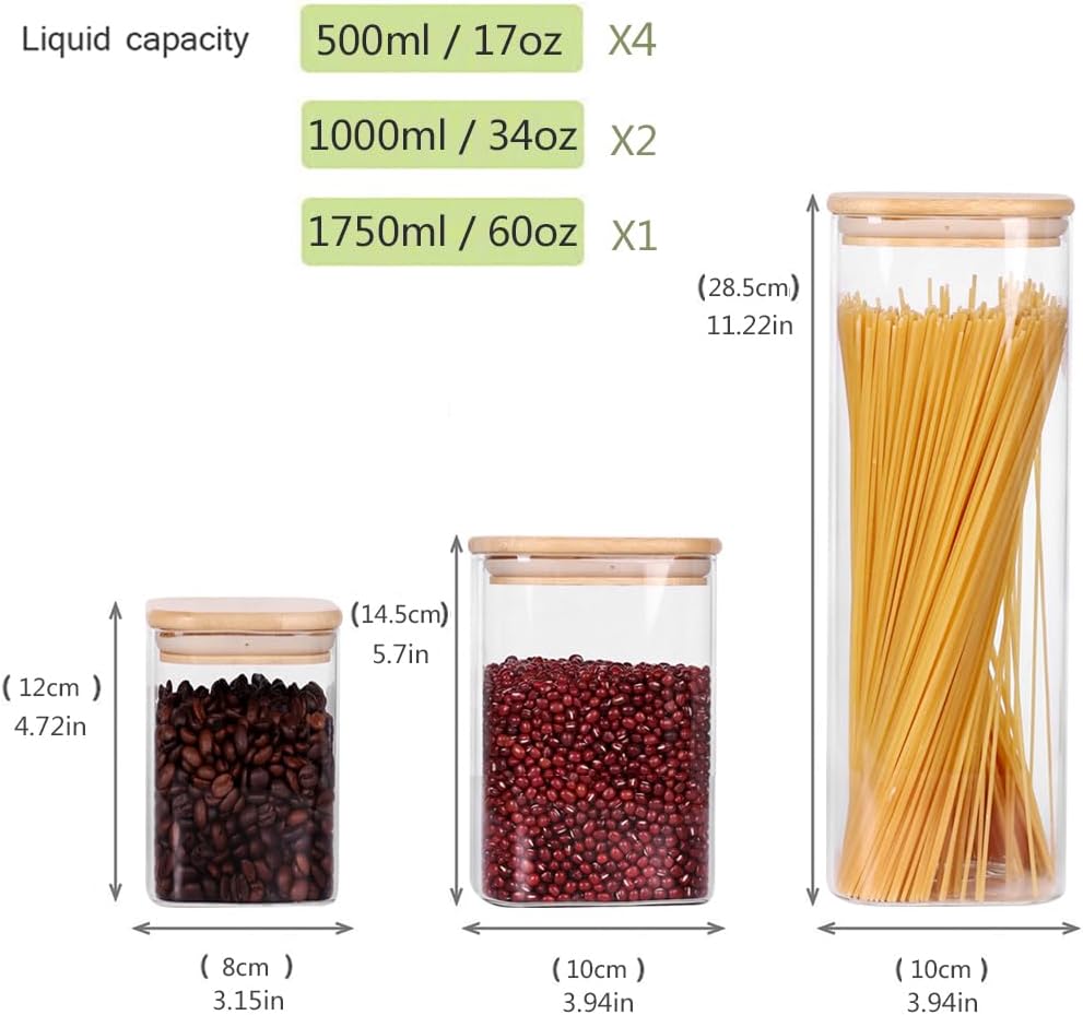 Glass Storage Canister with Wooden Lid, Set of 7 Square Glass Jars with Bamboo Lids