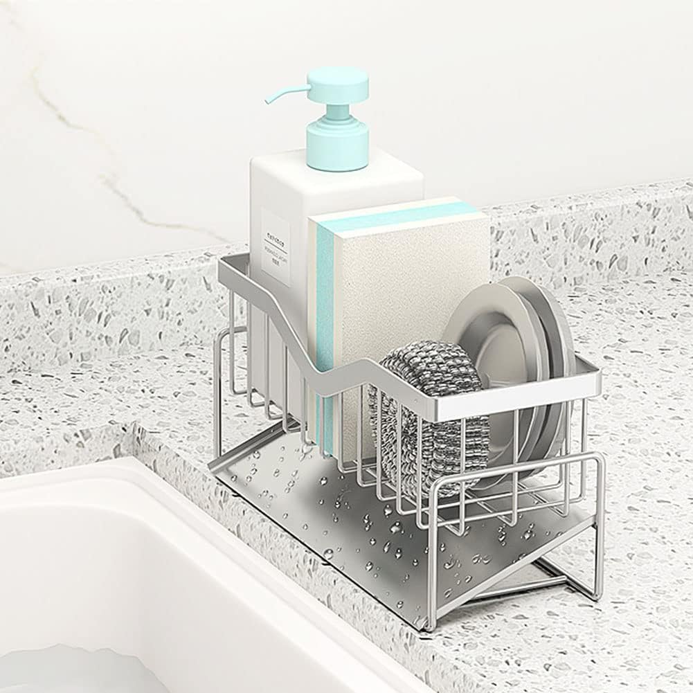 Kitchen Sink Caddy Sponge Holder, Quick Draining, SUS 304 Stainless Steel Sponge Organizer