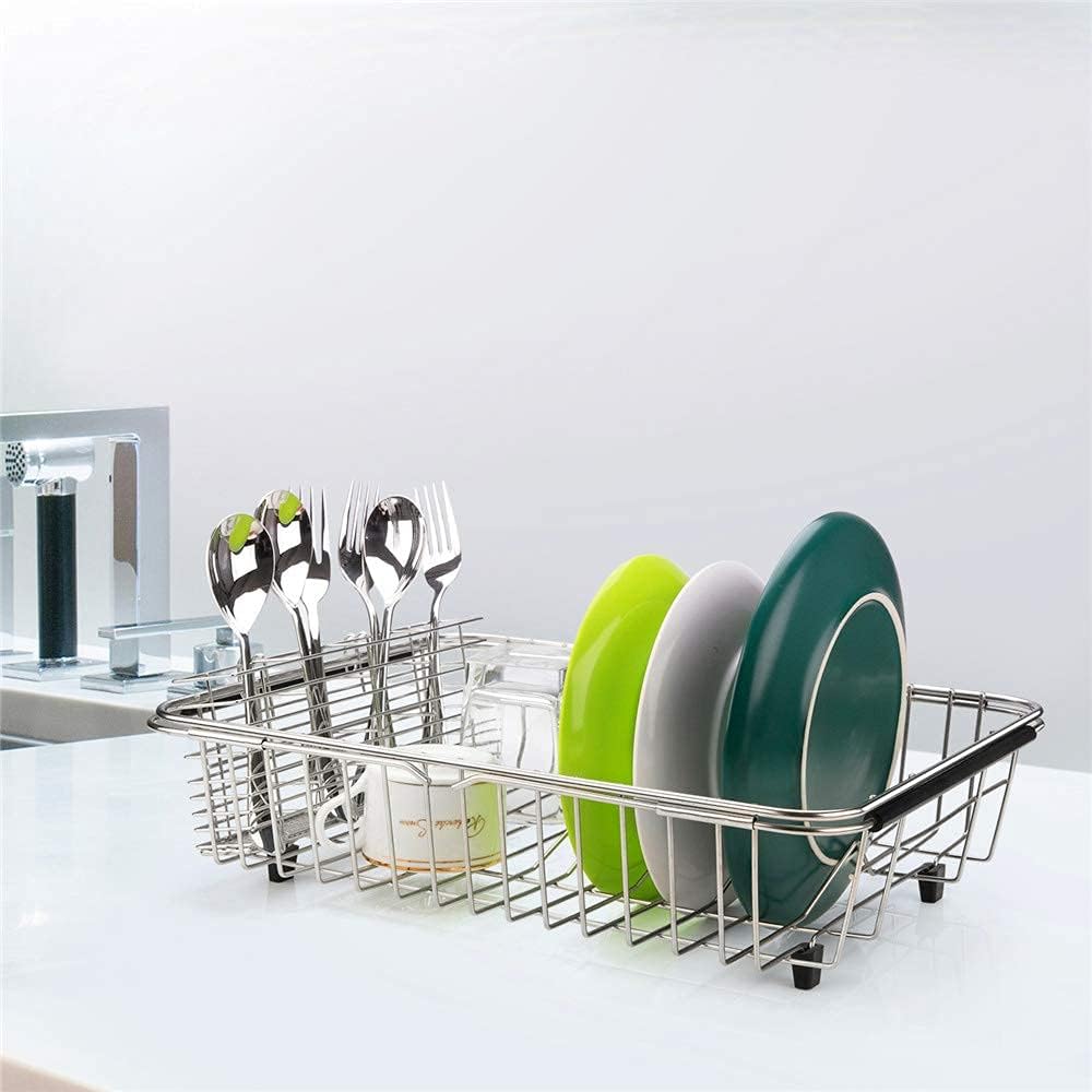 Expandable Dish Drying Rack,Large Dish Drainer Drainwith 4 Division Utensil Silverware Cutlery Holder, Expandable Dish Rack Shelf Dish Rack in Sink or Over Sink On Counter Stainless Steel