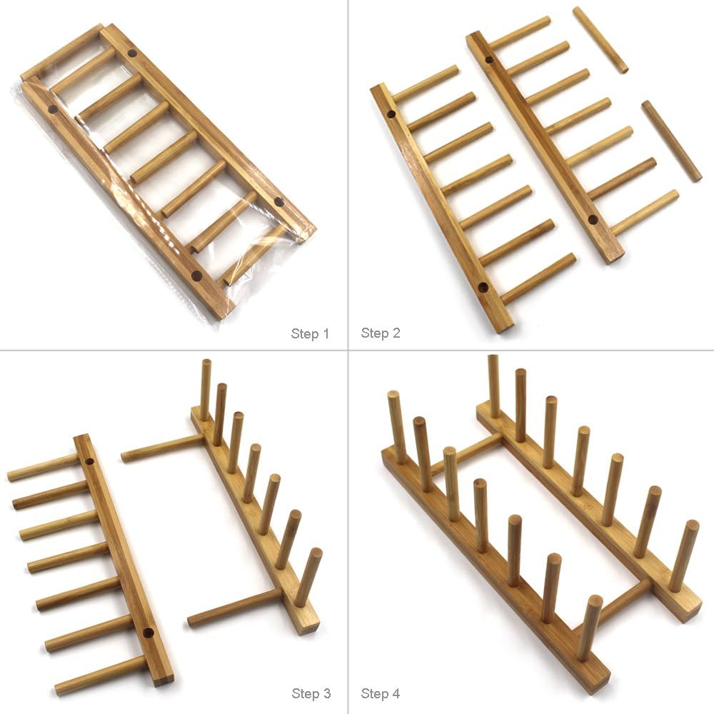Bamboo Wooden Plate Racks Dish Stand Holder Kitchen Storage Cabinet Organizer for Dish/Plate/Bowl/Cup/Pot Lid/Cutting Board (Pack of 2)