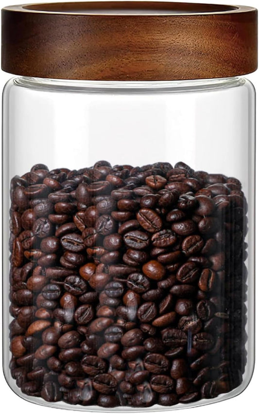 28 Fl oz/850 ml Glass Food Storage Jar, Premium Clear Glass Container Jar with Airtight Screw-on Wooden Lid, Kitchen Canisters for Coffee,Tea,Pasta,Cookies, Nuts,Spice,Candy,Overnight Oatmeal（Medium）