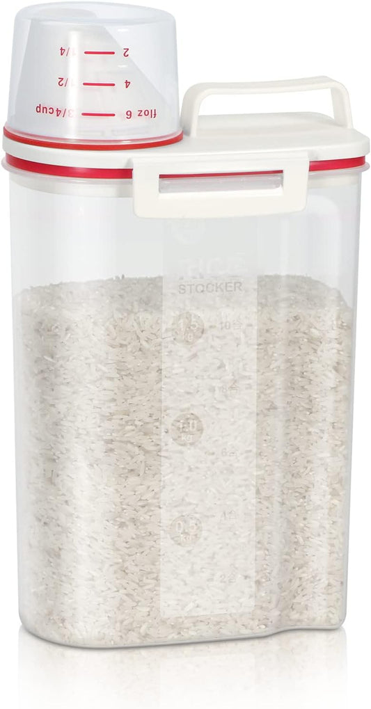 Rice Storage Container, Airtight Cereal Container Dispenser with Pourable Spout + Measuring Cup