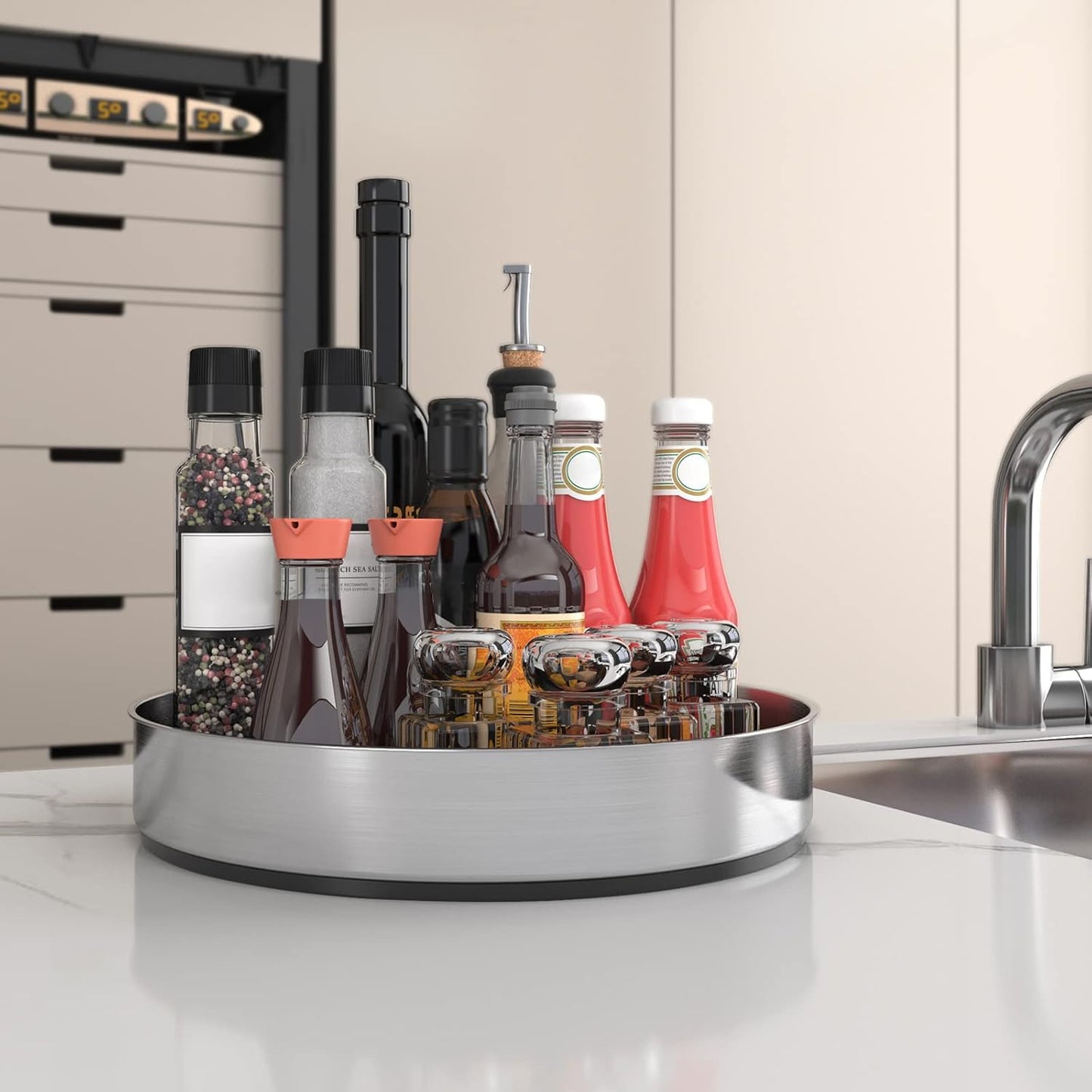 Pantry Cabinet Lazy Susan Stainless Steel Black Spice Rack Turntable