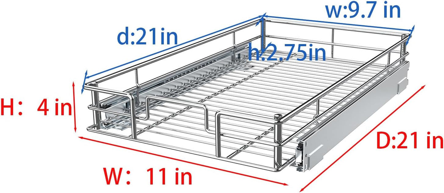 Pull Out Cabinet Organizer,Slide Out Kitchen Cabinet Storage Shelf and Drawer Organizer NEED 12" W and 22" D Cabinet, Chrome Finish (11 * 21 in)
