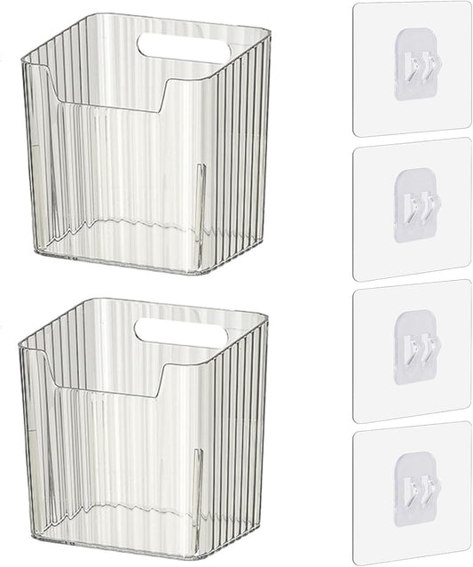 Set of 2 Storage Organizer Bins Wall Mounted Floating Shelves Fridge Organizer Stackable Clear Plastic Storage Bins for Wall, Refrigerator, Kitchen, Bathroom, Countertops, Pantry, BPA Free (Clear)