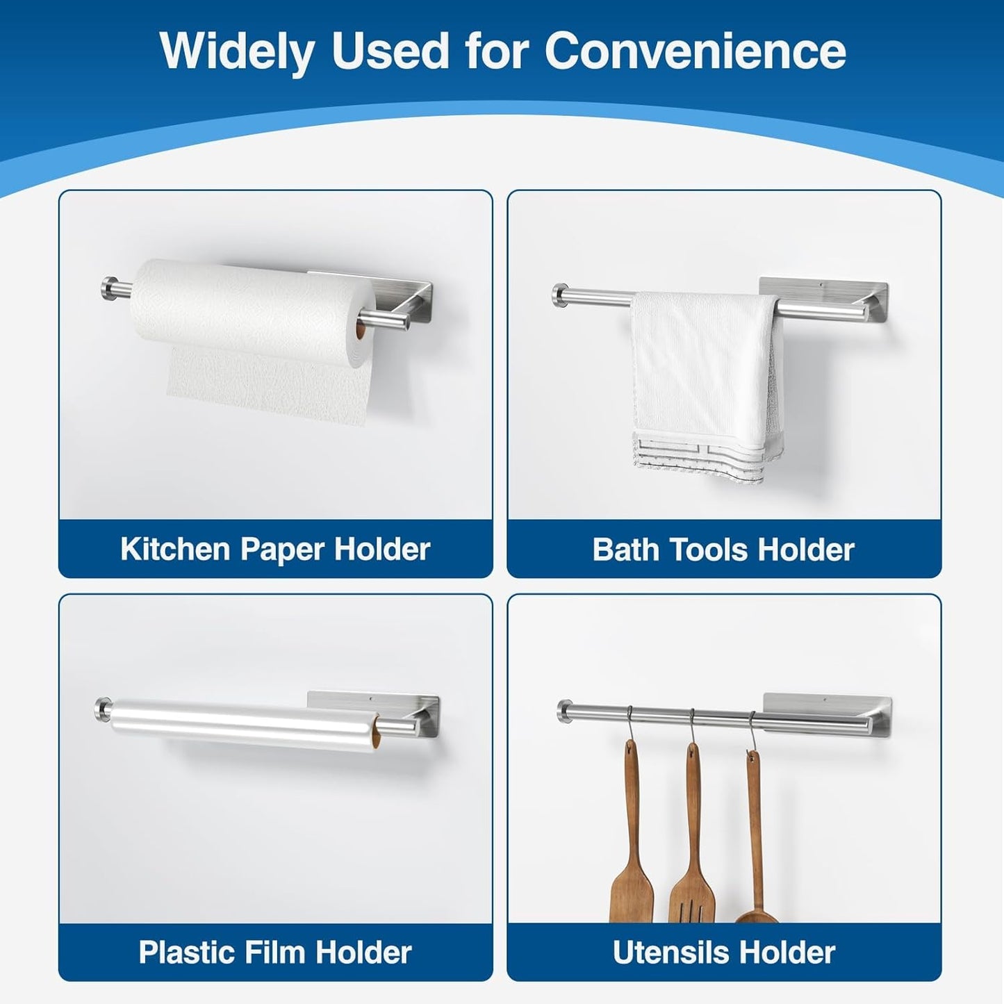 Paper Towel Holder - Self-Adhesive or Drilling, Brushed Nickel, Wall Mounted