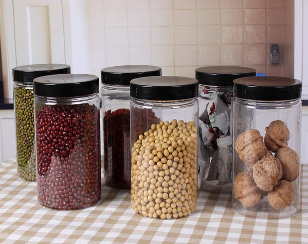 8 Pack 34 oz Clear Plastic Jars with Black Lids