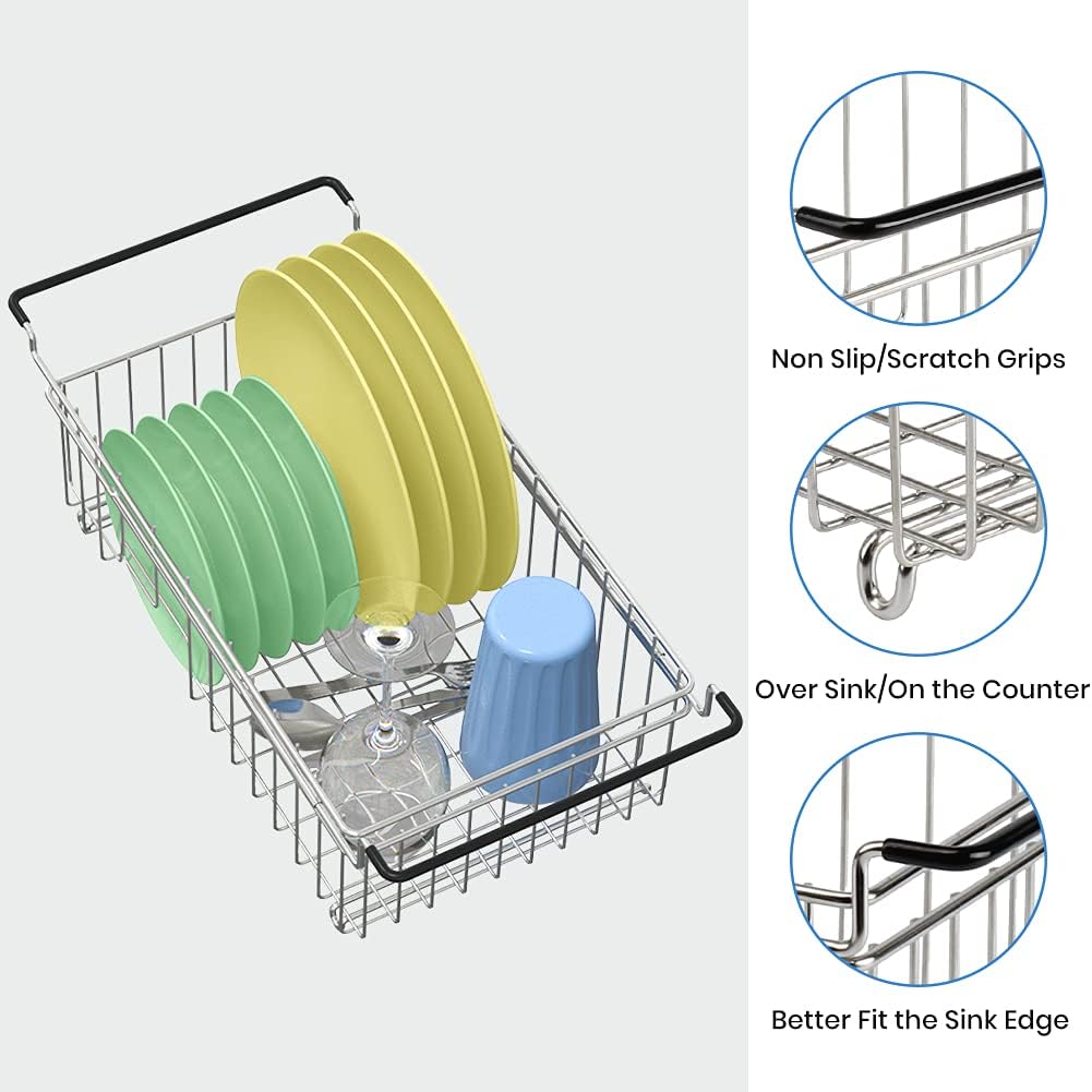 Expandable Dish Drying Rack Over the Sink Small Dish Drainer in Sink Adjustable Rustproof Sink Strainers for Kitchen-304 Stainless Steel