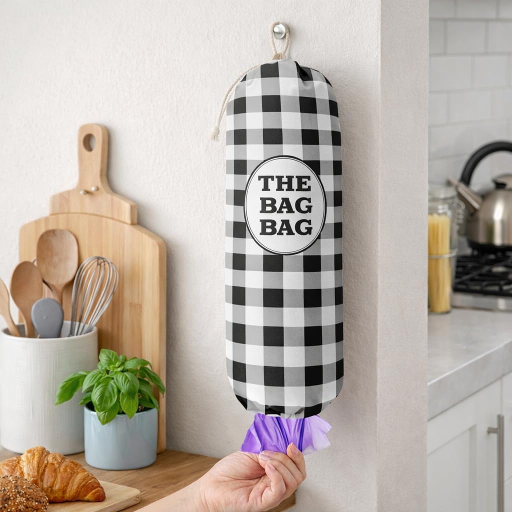 THE BAG BAG Plastic Bag Holder, Black and White Buffalo Check Plaid Grocery Bag Dispenser