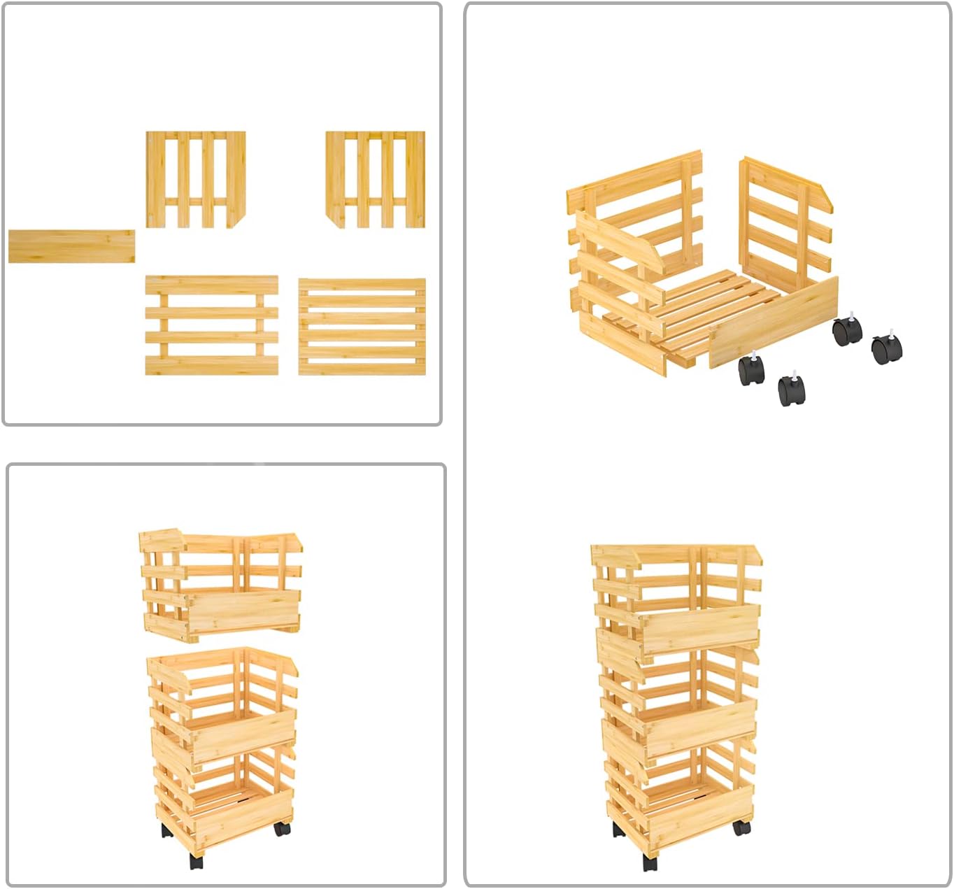 Bamboo Fruit Basket Stand, Potato and Onion Storage Cart, 3-Tier Fruit Basket with Wheels