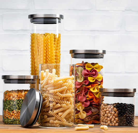 Set of 5 Glass Kitchen Canisters with Airtight Stainless-Steel Lid - Dishwasher Safe