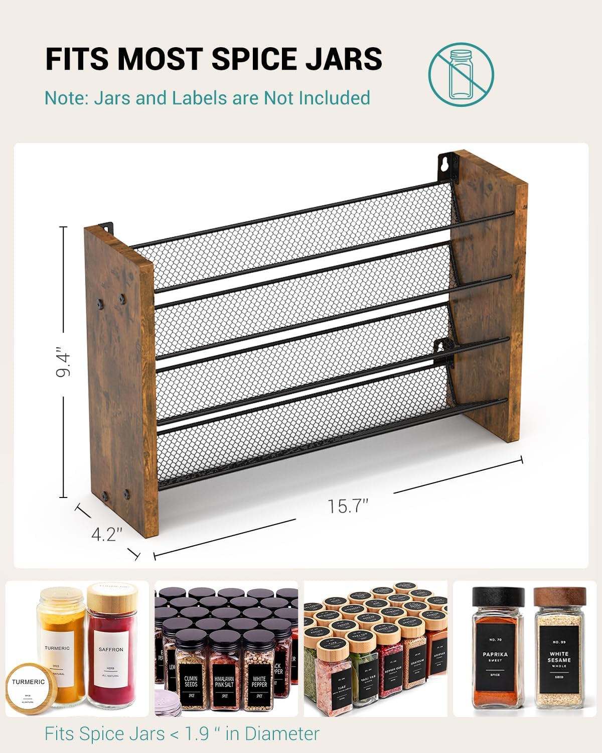 Spice Rack Organizer for Cabinet, Wooden 4 Tier Vertical Seasoning Organizers for Kitchen Pantry