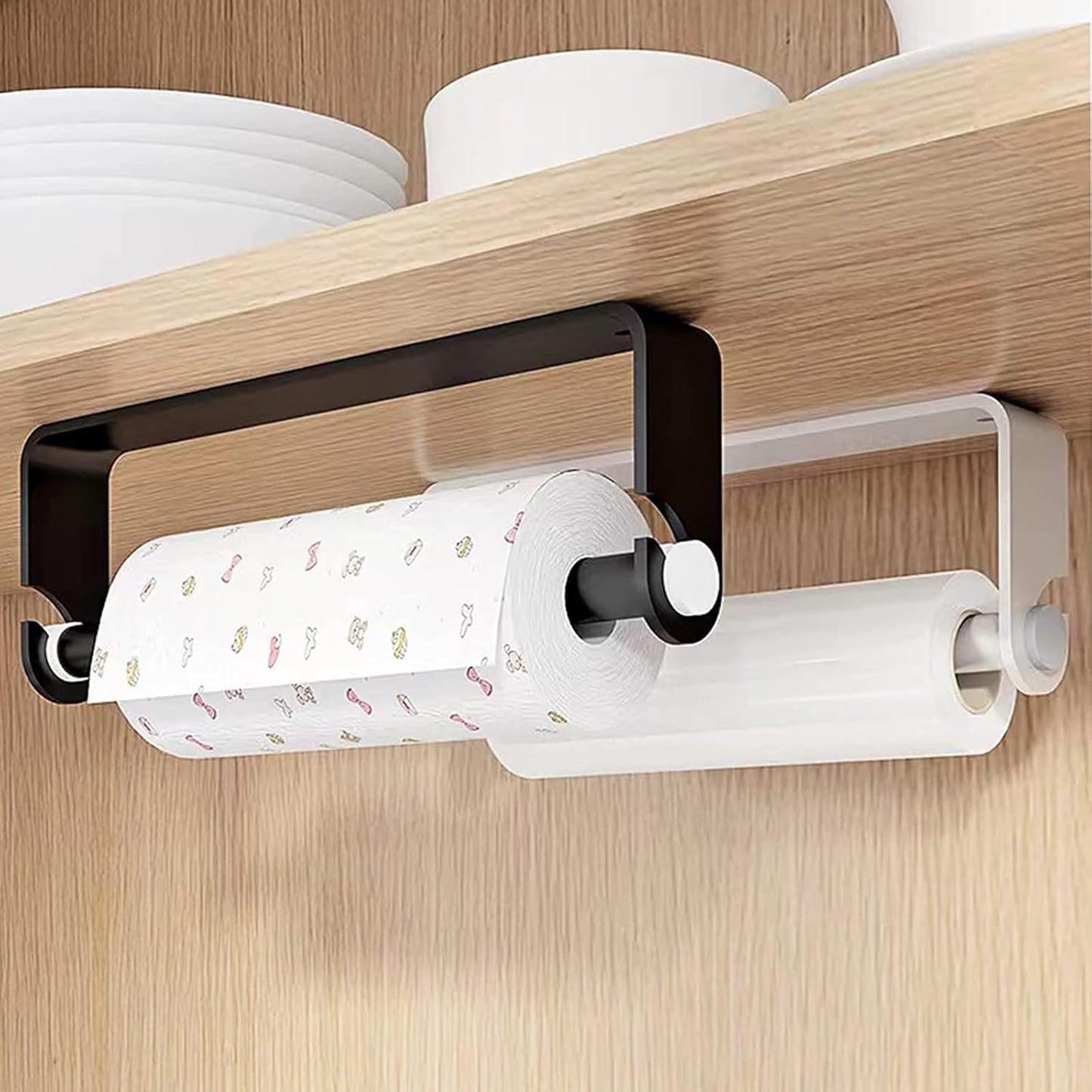 Under Cabinet Paper Towel Holder, Self Adhesive Wall Mount Paper Towel Holder for Kitchen or Bathroom Paper Towel Rack (Black)