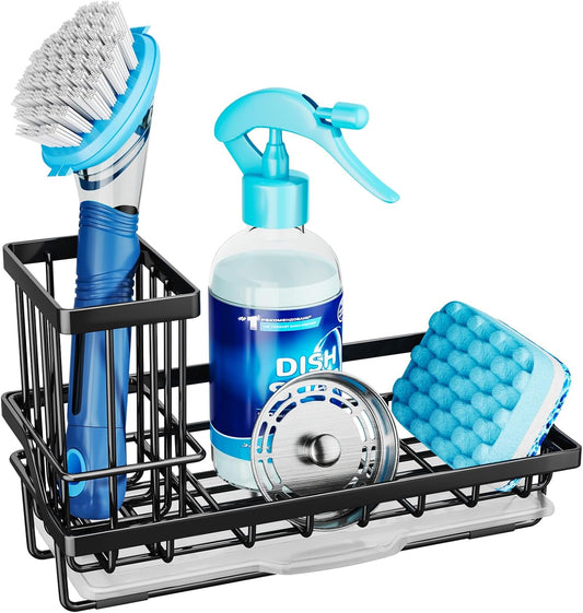 Sponge Holder for Kitchen Sink - Kitchen Sink Caddy Organizer with Removable Drip Tray for Countertop Dish Soap Dispenser Brush Storage Accessories 304 Stainless Steel - Black