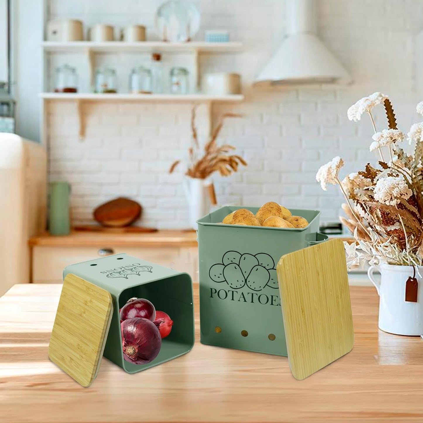 Kitchen Vegetable Storage Tins Set of 2 for Potatoes, Onion, with wooden lid Garlic Bin Caddy