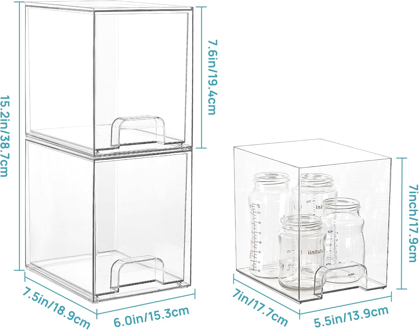 7.6" H Clear Stackable Storage Drawers, 4 Pack Plastic Organizers Bins for Skincare