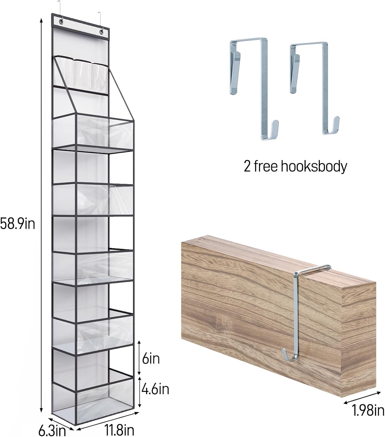 6-Shelf Over The Door Hanging Pantry Organizer Hanging Storage with Clear Plastic Pockets Behind The Door Storage Organizer with 3 Small PVC Pockets for Closet Bedroom Bathroom (Grey)