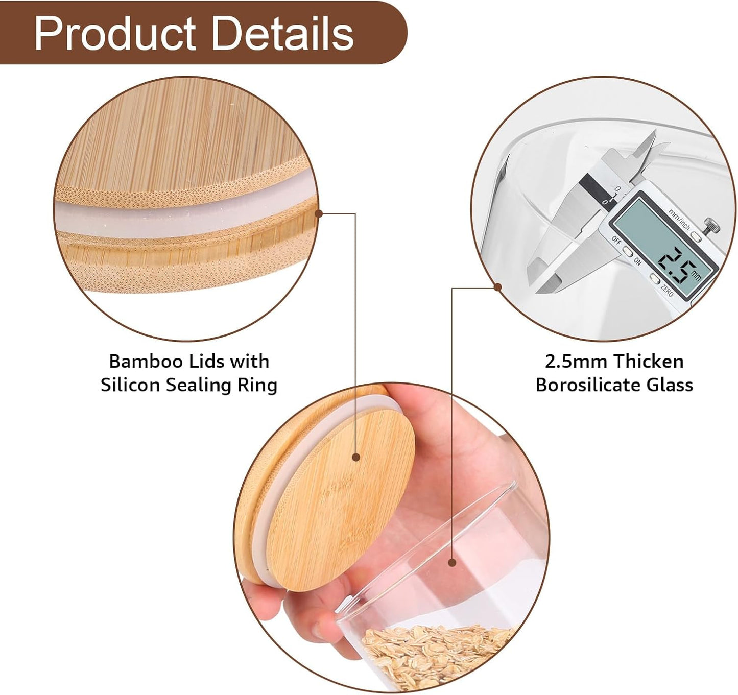 Glass Food Storage Jars, Food Containers with Airtight Bamboo Lids for Pasta, Cookies, Nuts