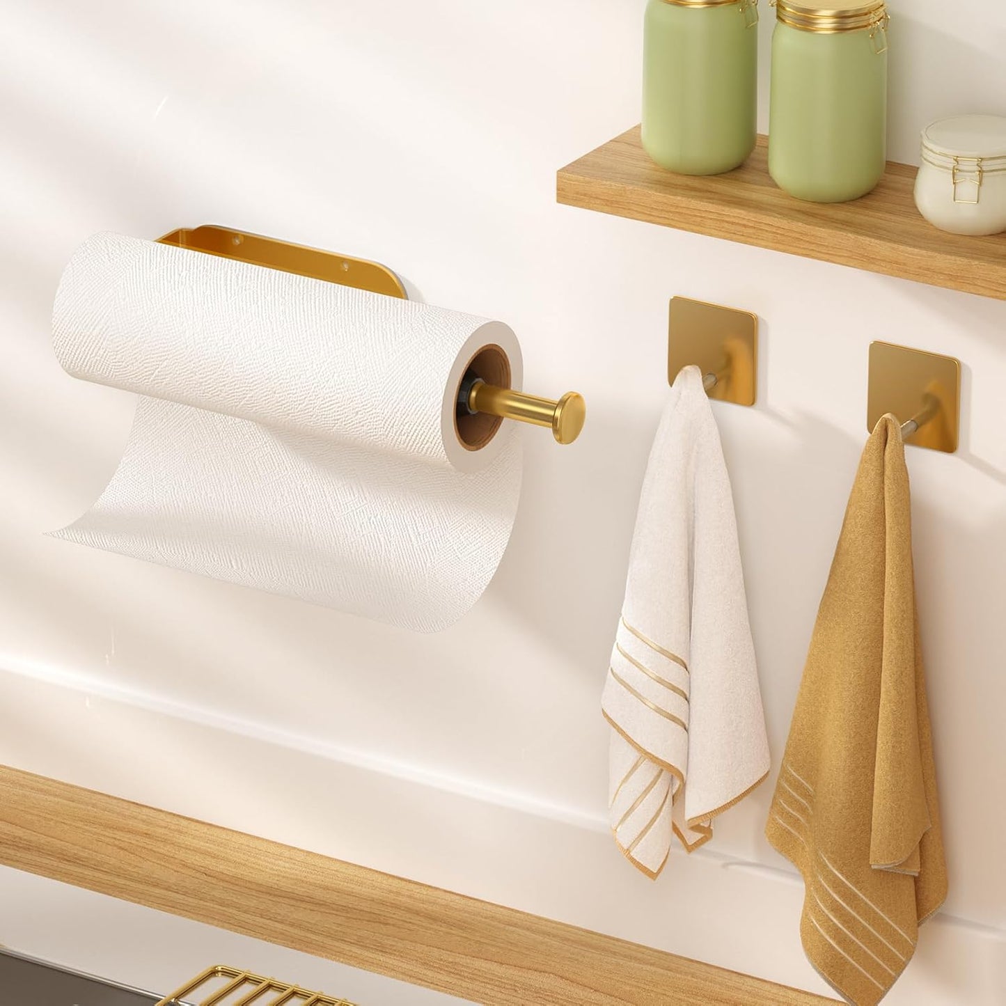 Paper Towel Holder Under Cabinet with 2 Hooks, Paper Towel Holder Wall Mount with Damping Effect