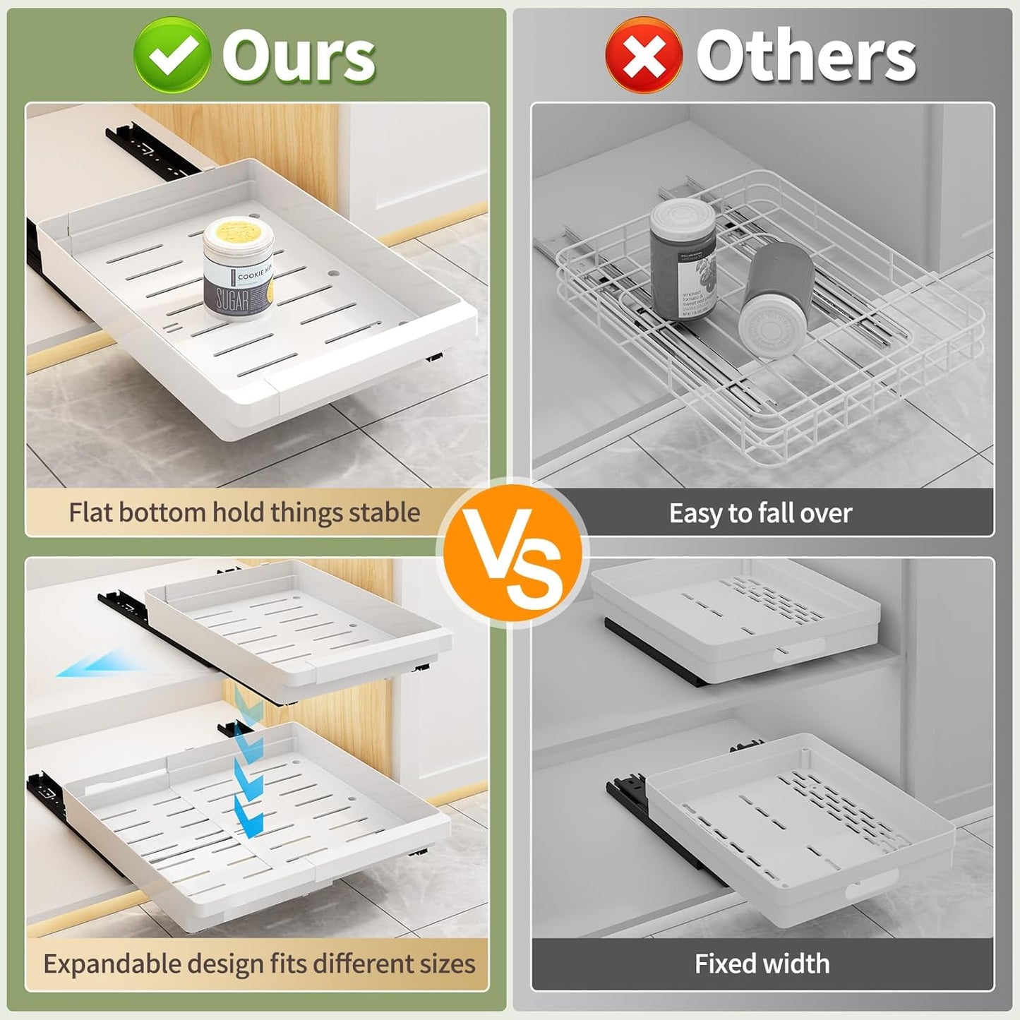 2 Pack Pull Out Cabinet Organizers Expandable, Plastic Slide Out Drawers for Kitchen, Bathroom
