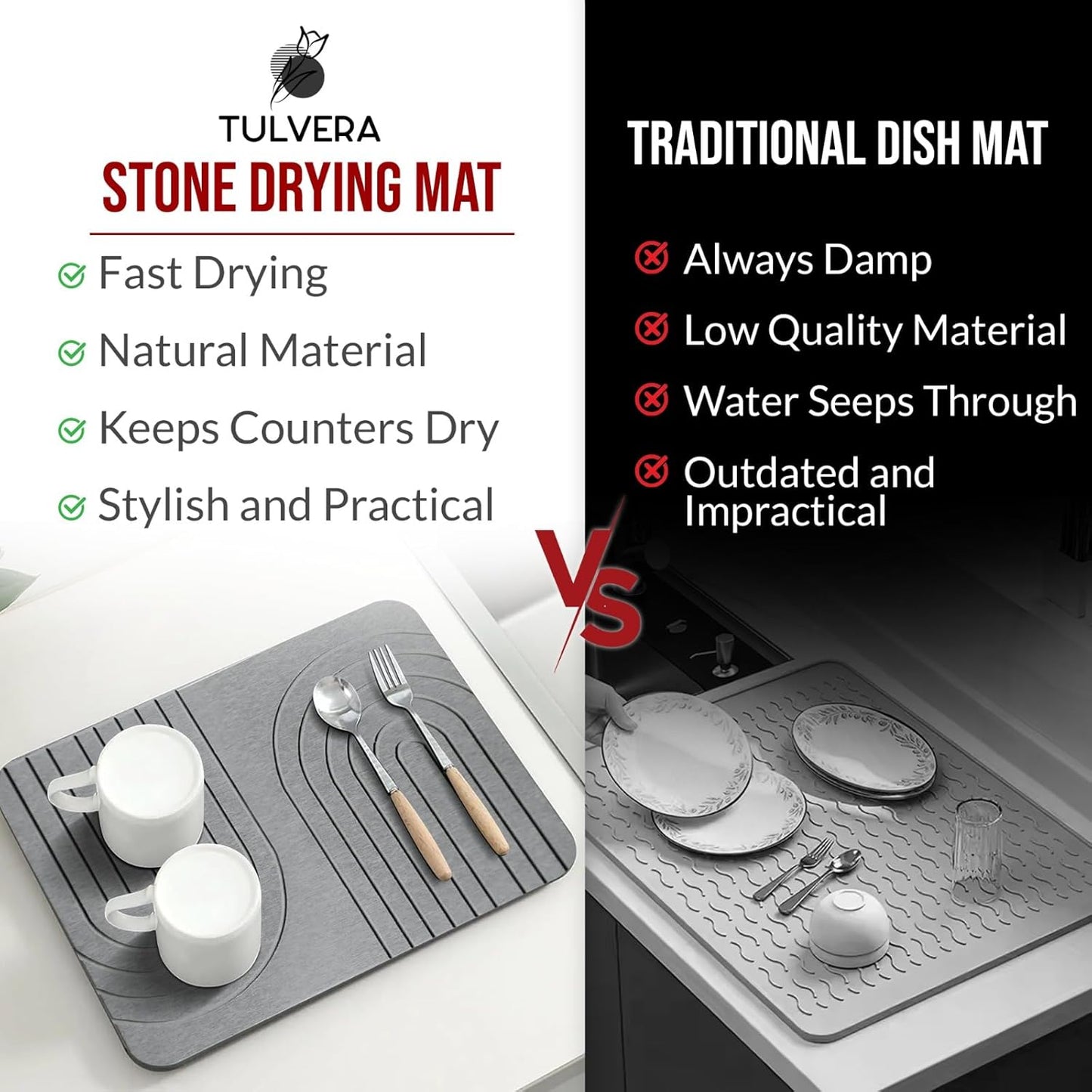 Stone Dish Drying Mat for Kitchen Counter – Diatomaceous Earth Drying Mat | Fast-Absorbing