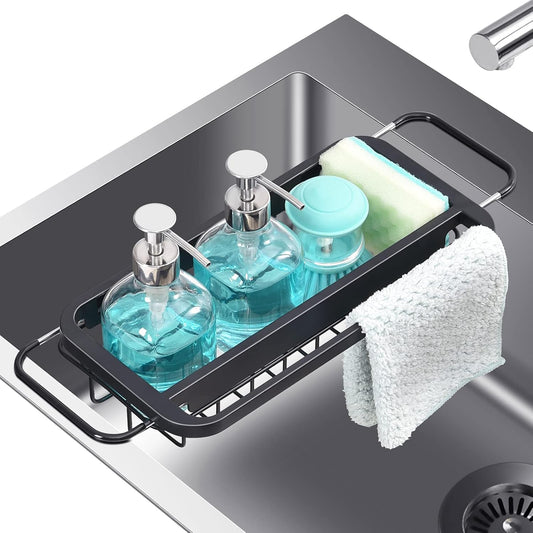 Expandable Sink Caddy with Dish Towel Bar, Adjustable Over-The-Sink Organizer for Kitchen