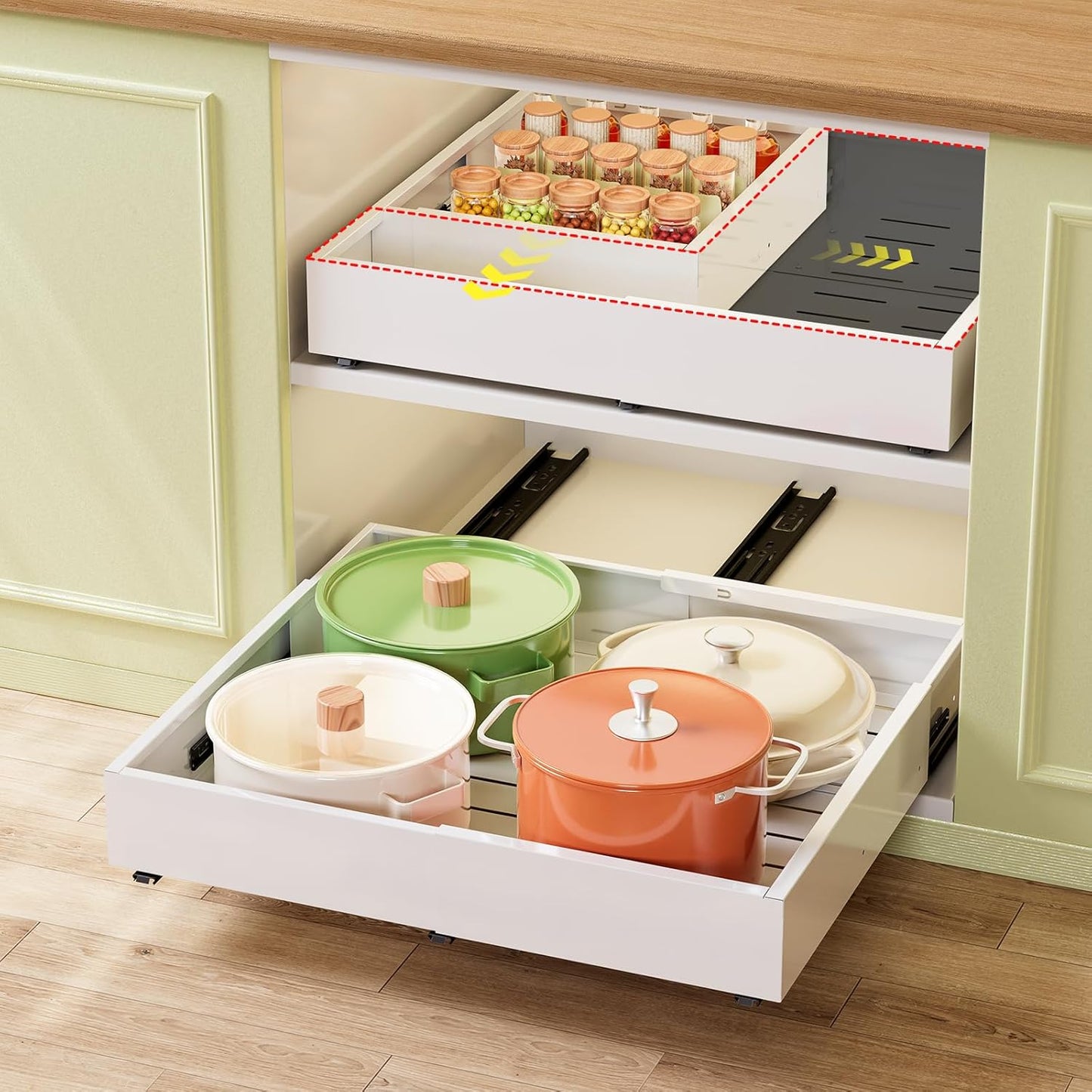 Pull Out Cabinet Organizer, Expandable Width (11.4"-19.4") and Depth (16.7"-21") With 3 Rails