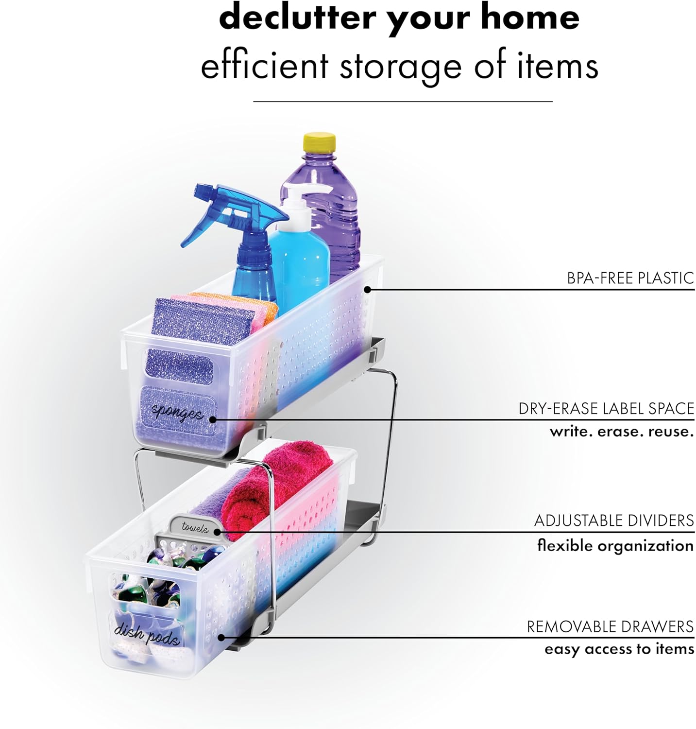 Mini 2-Tier Organizer, Multi-Purpose Slide-Out Storage with Handles and Dividers for Home and Bath