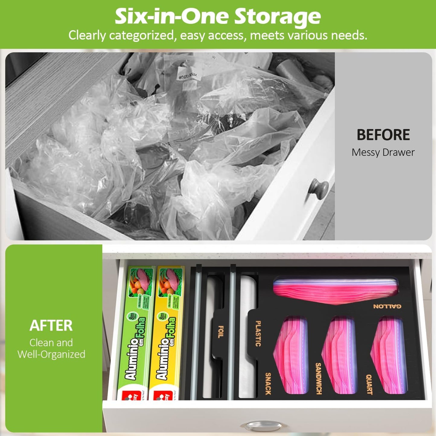 6 in 1 Bag Organizer and Wrap Dispenser with Magnetic Lid