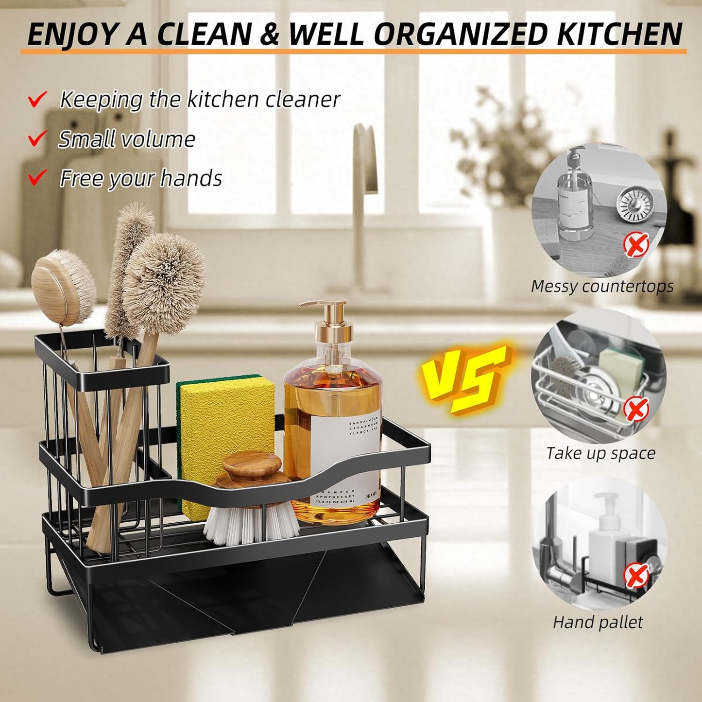 Sponge Holder for Kitchen Sink, Mecyfaty Sink Caddy with Self Drain Tray, Kitchen Sink Organizer