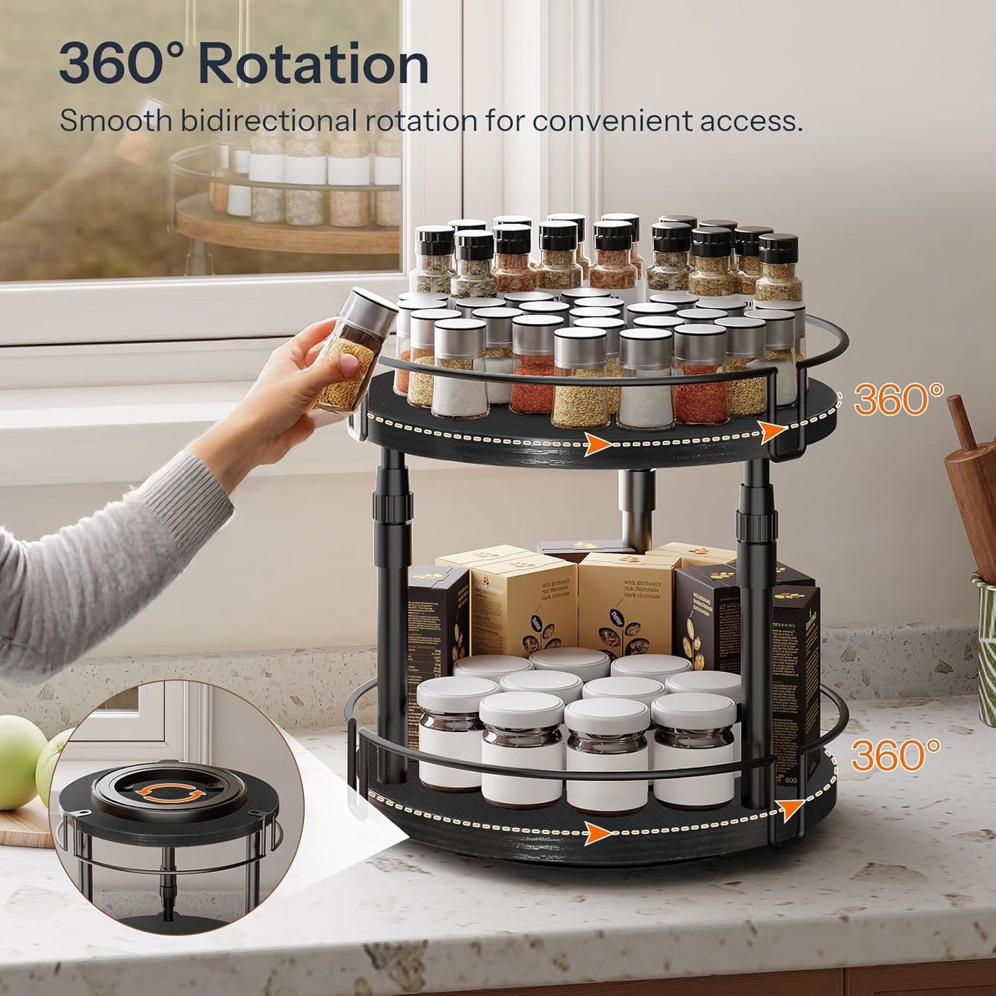 Lazy Susan Organizer Spice Rack, 2-Tier Height Adjustable Rotating Lazy Turntable Spice Organizer