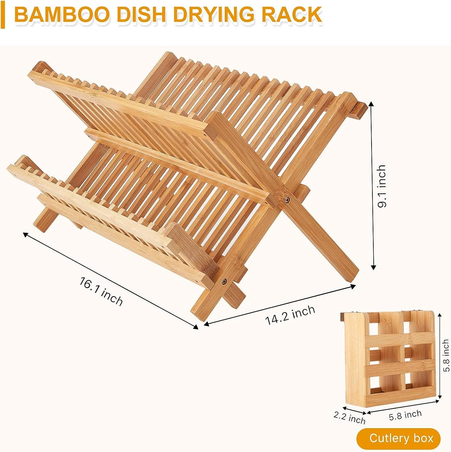 Bamboo Dish Drying Rack, 2 Tier Collapsible Dish Rack with Utensil Holder
