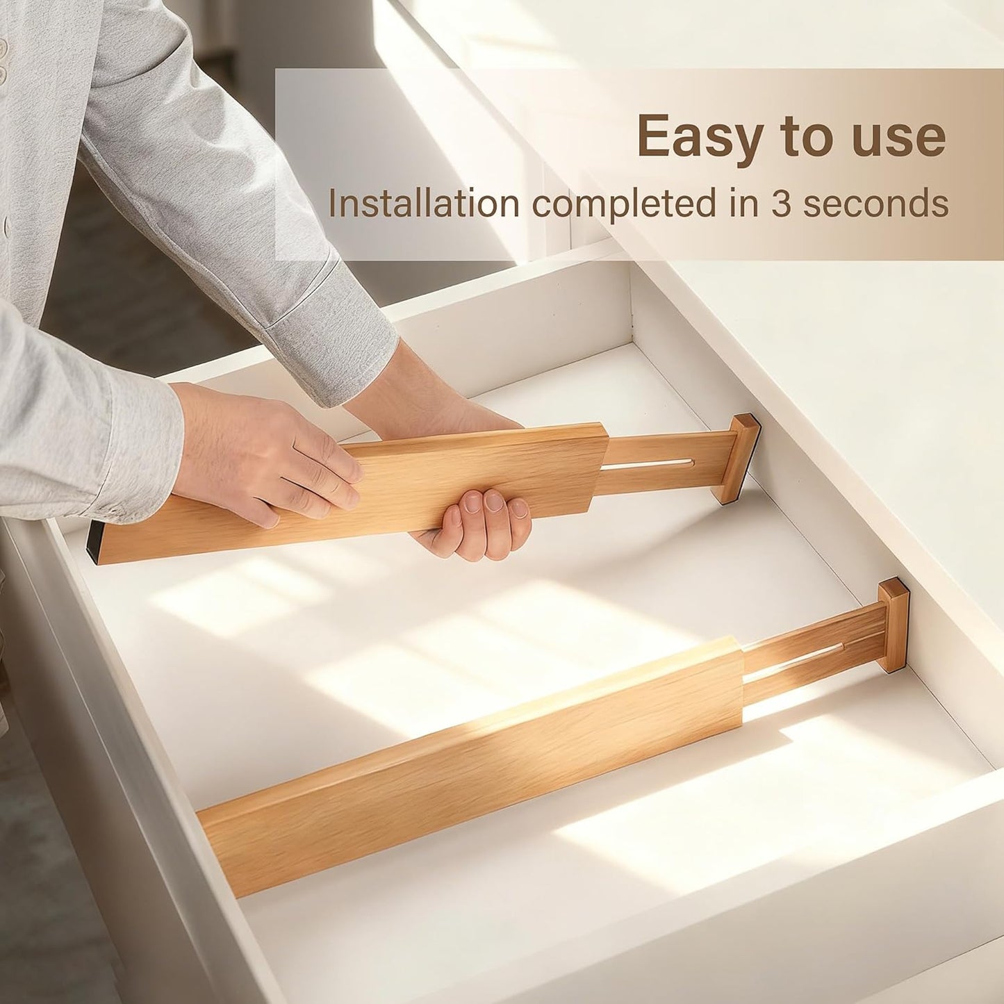 Bamboo Drawer Divider Set of 4, Adjustable Spring-Loaded Drawer Organizer (16.9"-22.2")