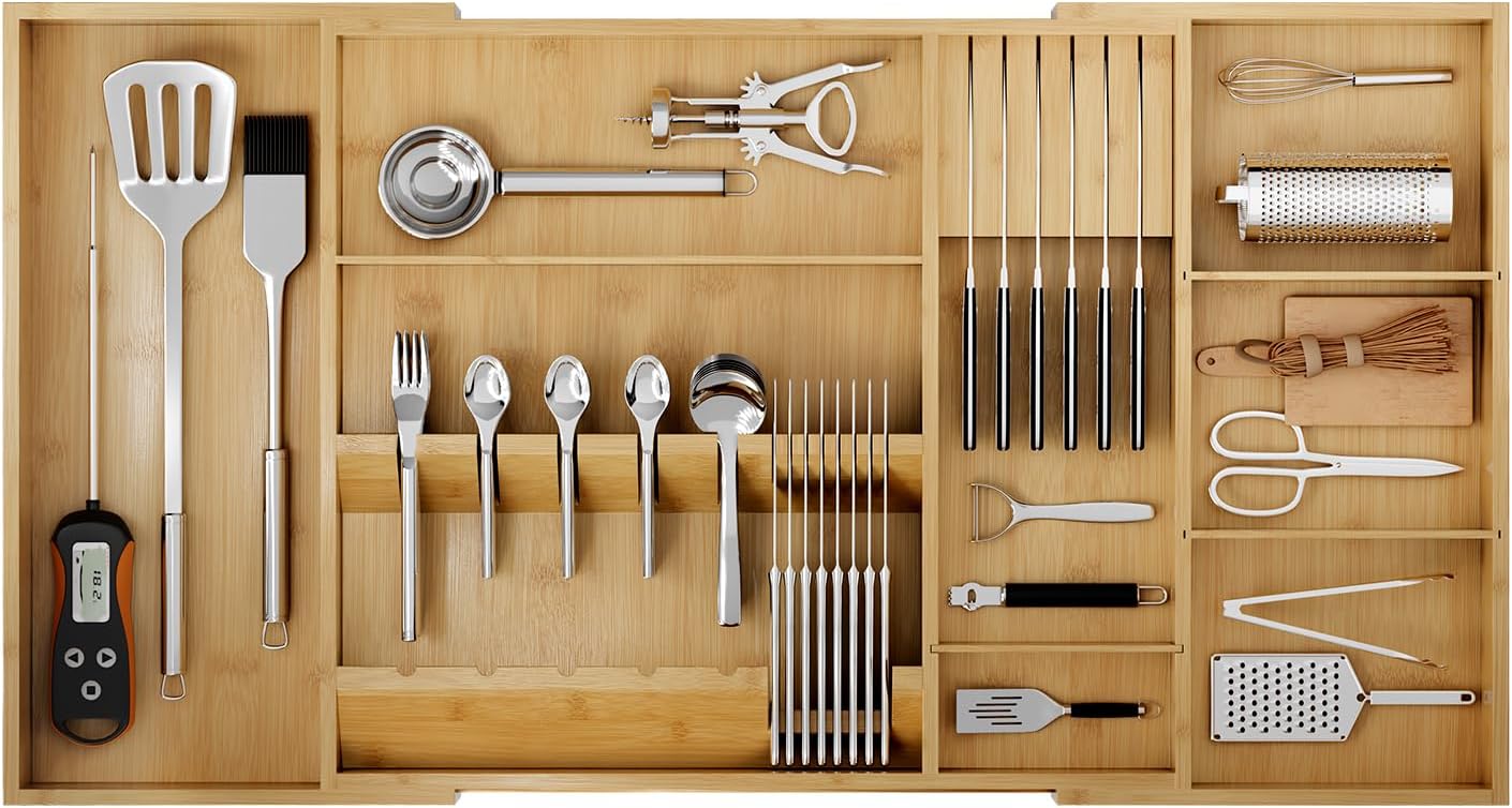 Bamboo Silverware Drawer Organizer, 17.7-29.5 Inch Expandable Large Kitchen Drawer Organizer