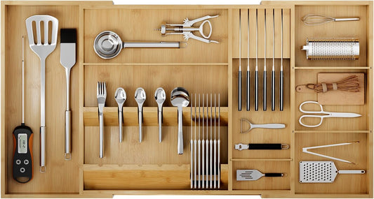 Bamboo Silverware Drawer Organizer, 17.7-29.5 Inch Expandable Large Kitchen Drawer Organizer