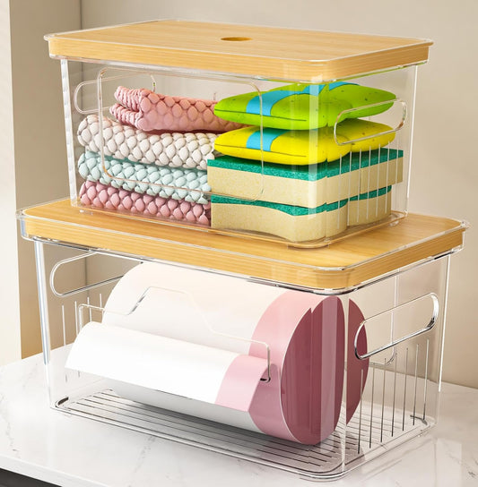 2 Pack Trash Bag Holder with Bamboo Lid, Stackable Garbage Bag Dispenser Under Sink
